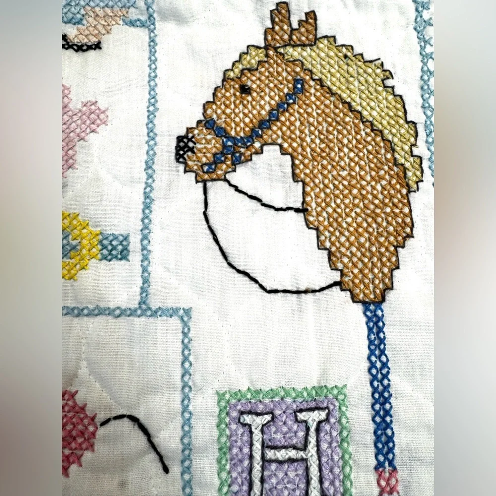 Hand Cross-Stitched Vintage Baby Blanket “Kelly Ann” Nursery Decor